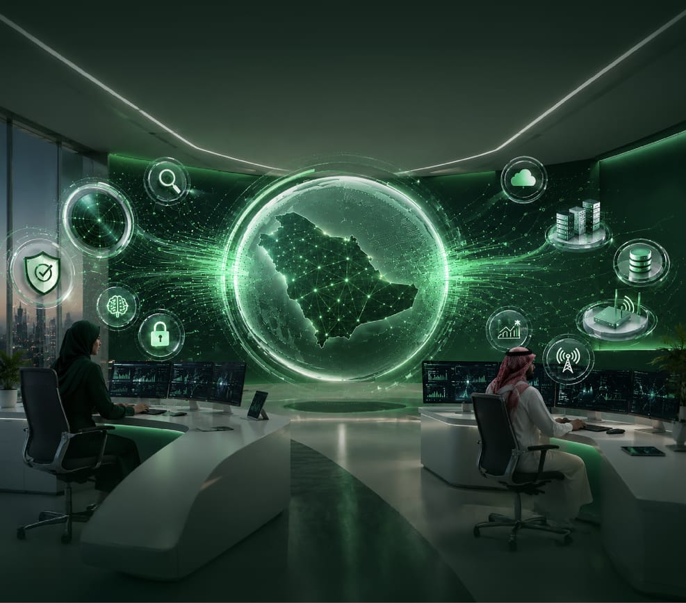مختصان يراجعان بيانات أمن الشبكات ولوحات المتابعة الرقمية على الشاشات 