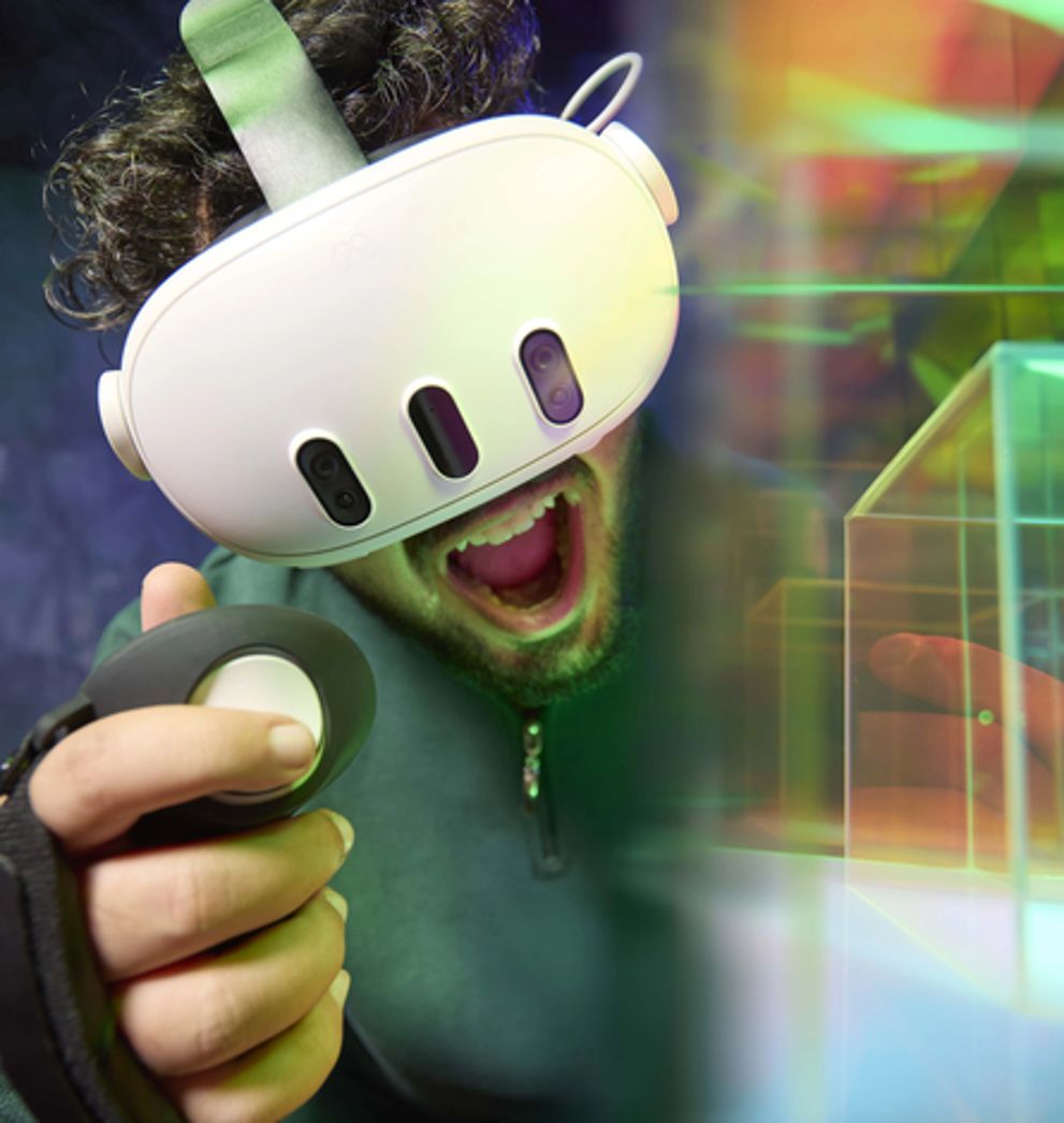 Man using a VR headset at home on a Salam high-speed data Boost package in Saudi Arabia